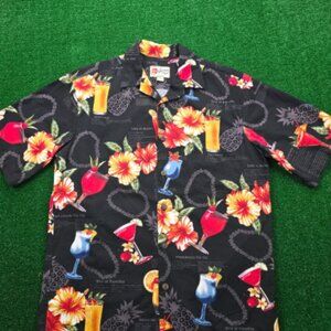 Hilo Hattie Hawaiian Shirt Mens Medium Black Cocktail Print Button Up Beach Camp